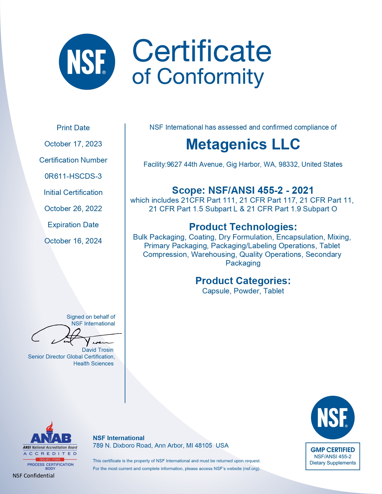 Сертификат NSF Метадженикс